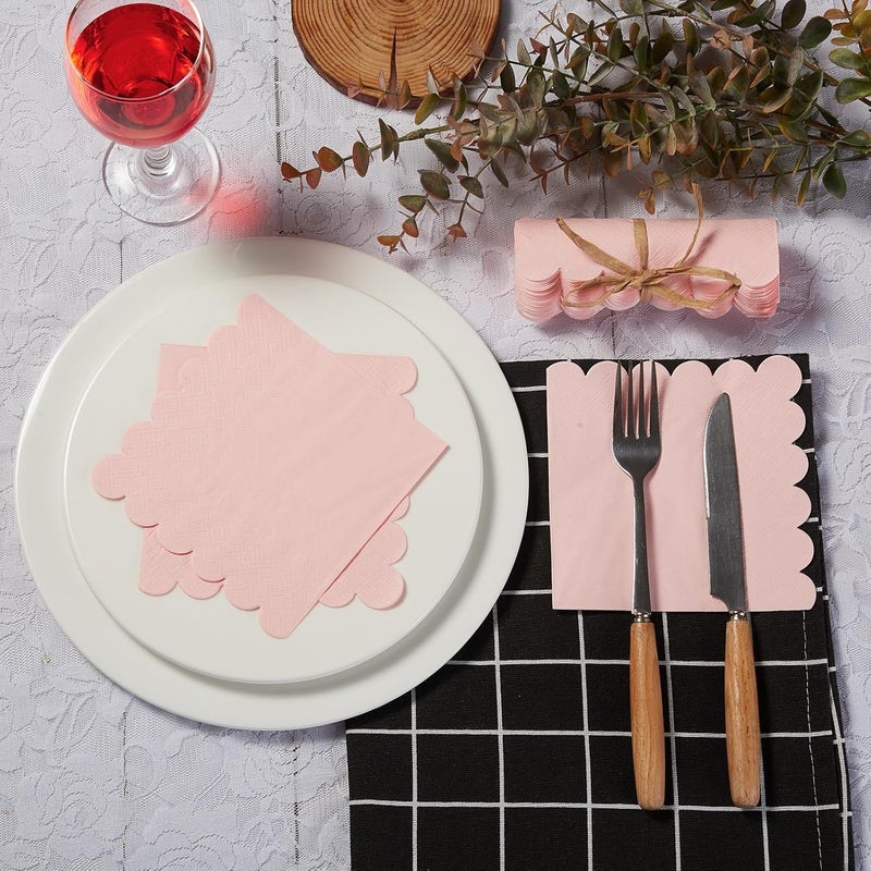 BEFORYOU 100 Pack Cocktail Napkin 2-Ply Scalloped Edged Dessert Napkins Folded 5 x 5 Inches Disposable Napkins for Dinner Wedding Birthday Party Bridal Anniversary Reception Event (Pink) - Image 5